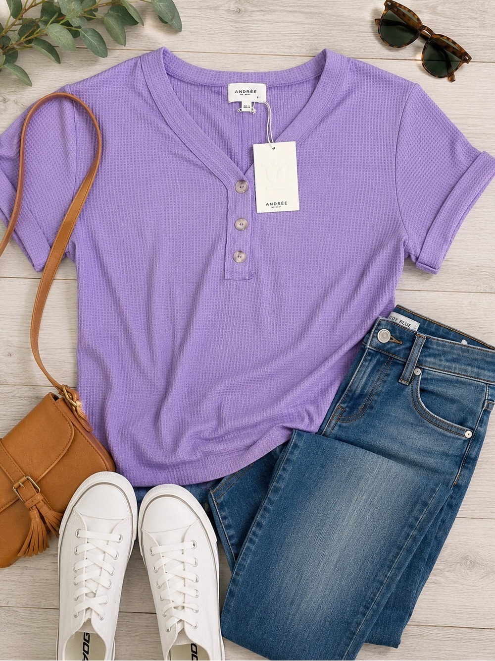 Andrée by Unit Lavender Waffle Knit Henley Top NWT Soft Relaxed Boutique Shirt